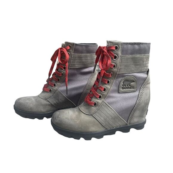 Sorel Lexie Wedge Boots Quarry Gray Leather Lace Up Booties Womens Size 7 - Picture 4 of 12